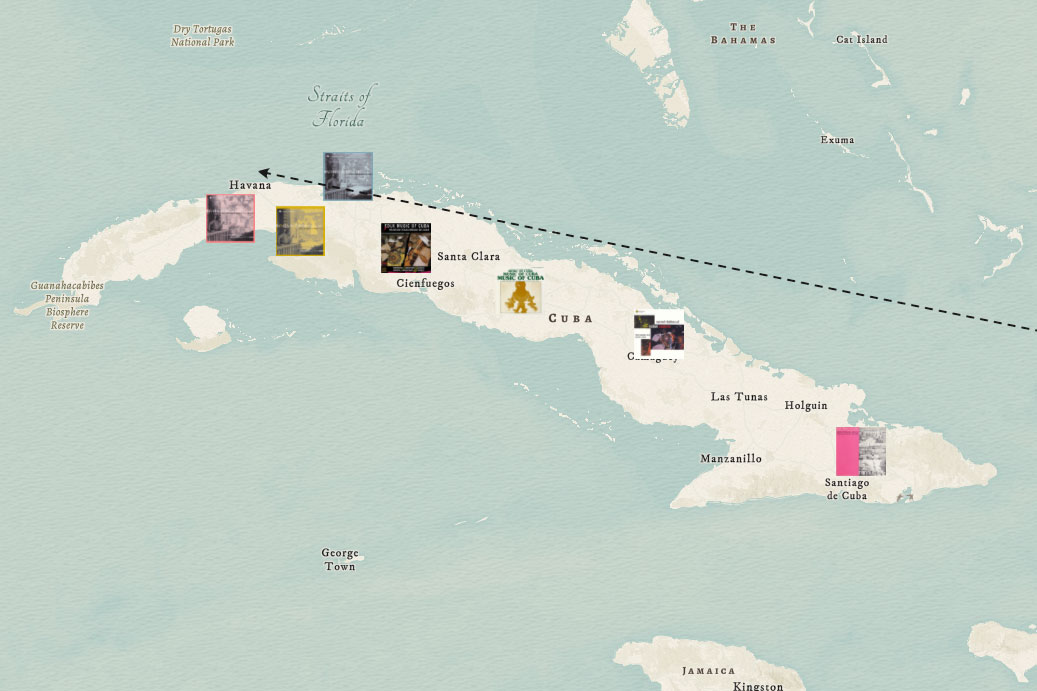 Map of Cuba with album cover thumbnails superimposed on it.