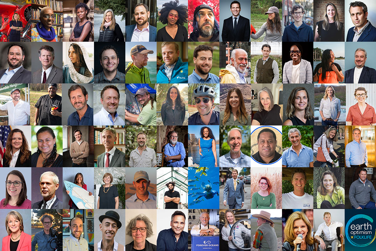 Collage of 72 thumbnail images: 71 headshots of people and the Earth Optimism logo in the lower right corner.