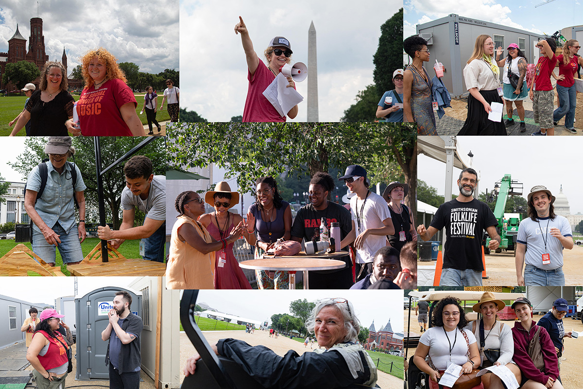 Collage of nine photos of people working outdoors: speaking into a megaphone, building sign frames, walking down the National Mall, riding in golf carts, and laughing.
