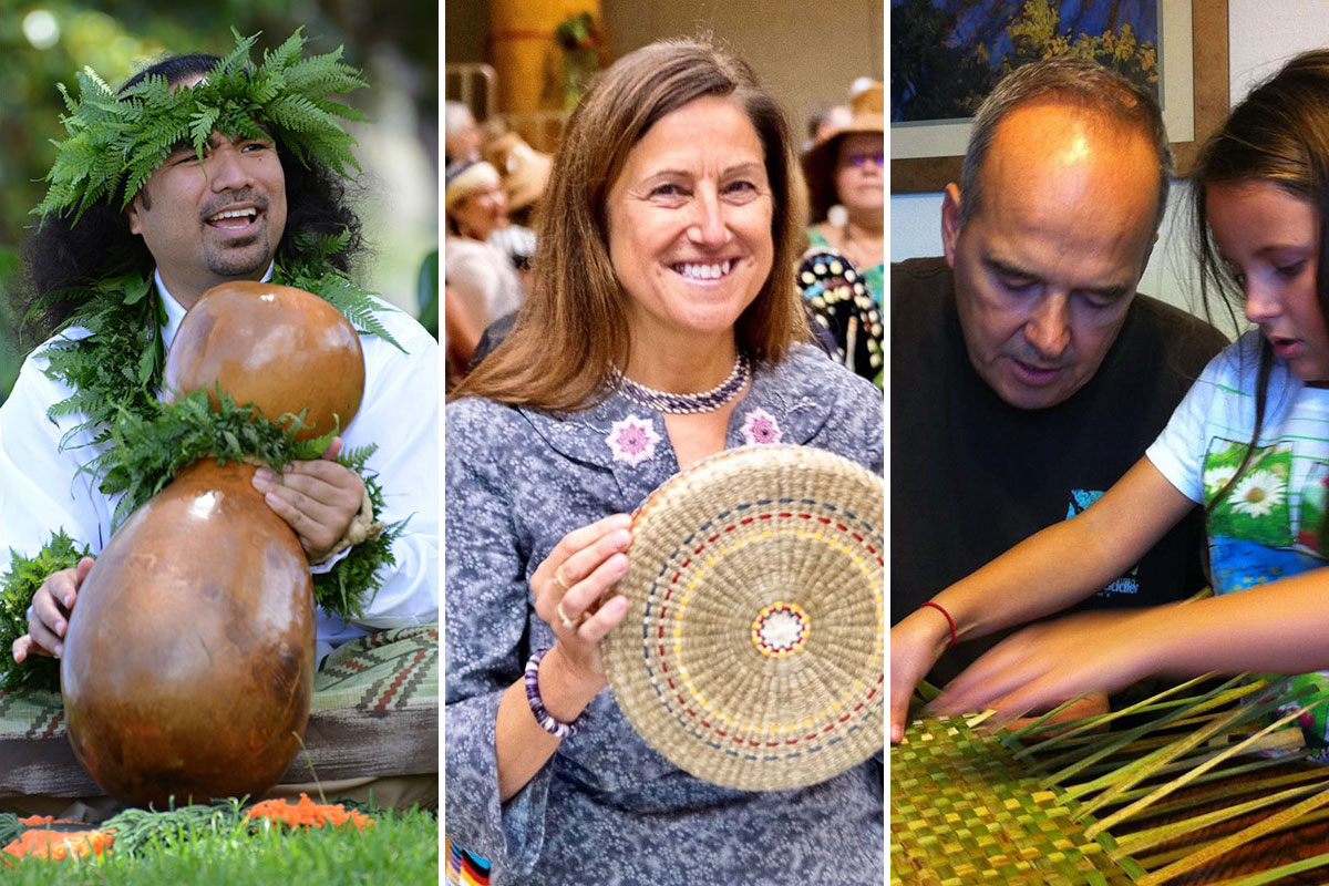 Triptych of photos: on the left, a Hawaiian man with a gourd instrument, wearing a fern crown and adornments. In the middle, a woman showing off a hand-woven basket with stripes of red and blue. On the right, a man helps a young girl with a reed weaving.