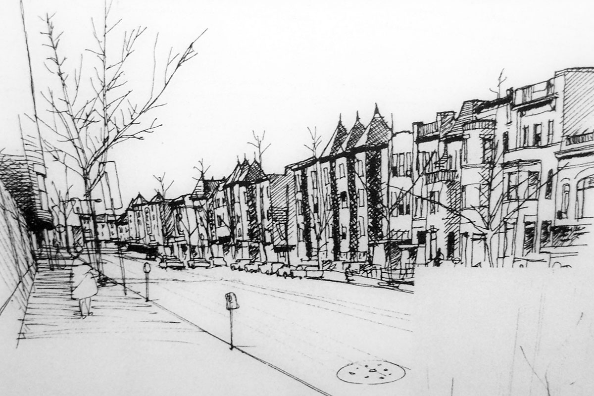 Line illustration of a person walking down a rowhouse-lined street.