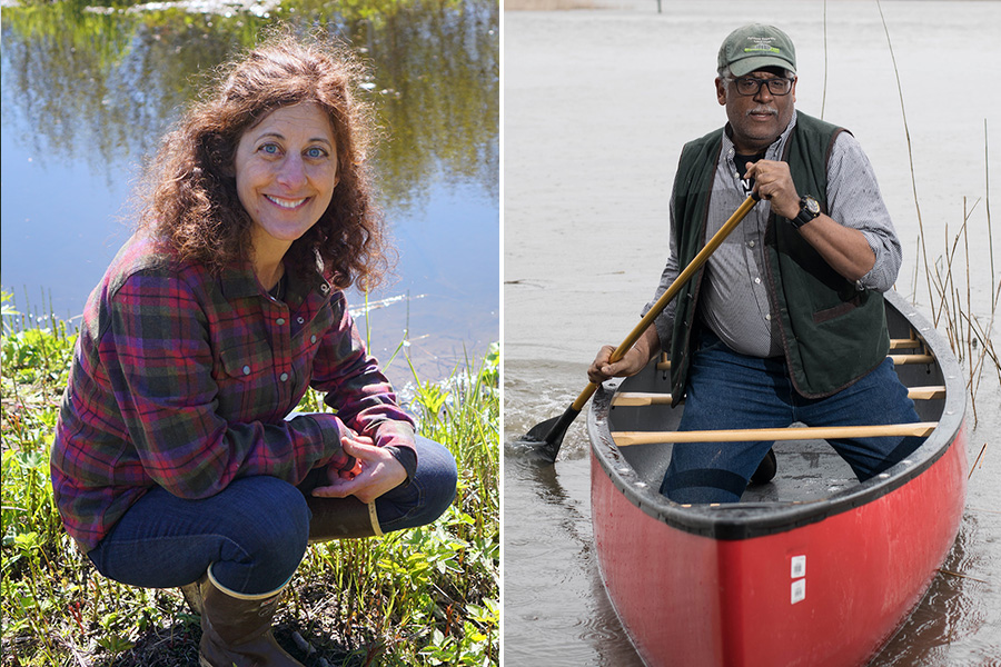 On the left, a photo of a woman in in jeans and a red flannel shirt, kneeling among plants alongside a stream, smiling. On the right, a photo of a man rowing a red canoe in a river, wearing a green vest and baseball cap..