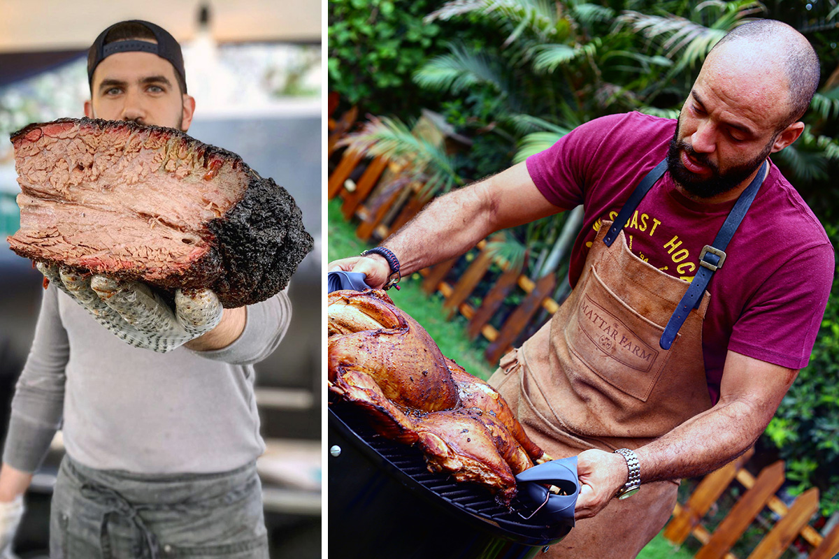 On the left, a man in a backward baseball cap and gloves holds a piece of barbecued meat up the camera, close enough to see details of the moist inside and charred black exterior. On the right, another man in a heavy leather apron attends to a turkey or other fowl over a grill.