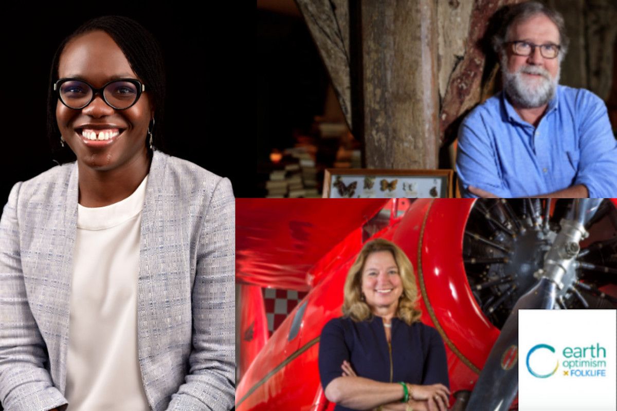 A collage of three headshots with the logo "Earth Optimism."