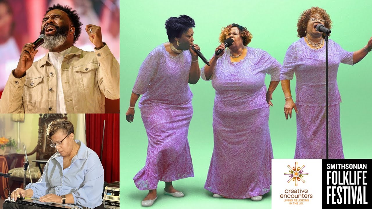 Three photographs: a man singing into a microphone, a woman playing the lap steel guitar, and three women in purple dresses singing into microphones.