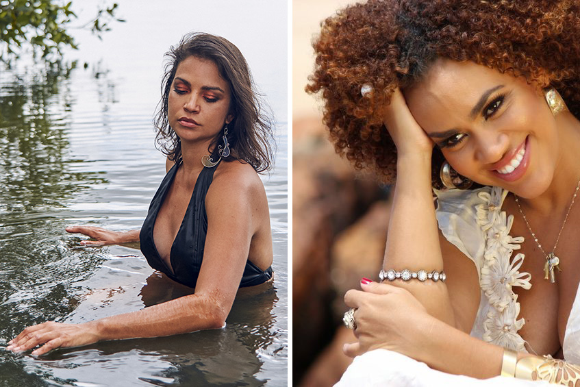 Two promotional photos of female artists side by side. On the left, Flávia is half submerged in a lake, running her hands along the water’s surface. On the right, Mariene smiles, dressed in a white dress and silvery jewelry, one hand resting on her hand.