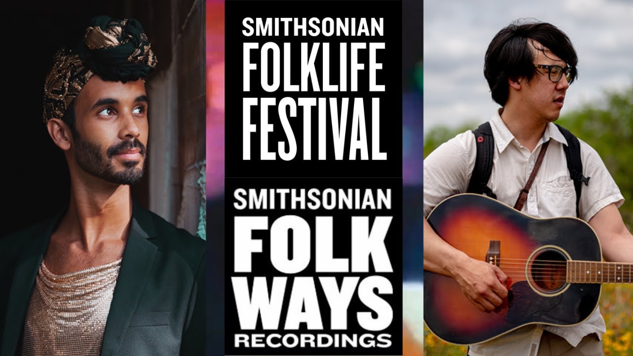 Two musicians stand left and right of "Smithsonian Folklife Festival" and "Smithsonian Folk Recordings" logos.