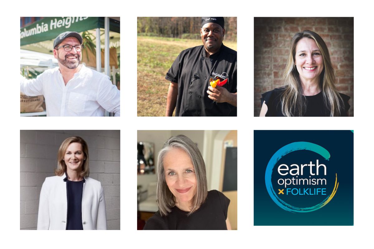 Grid of five headshots and a logo that reads "Earth Optimism."