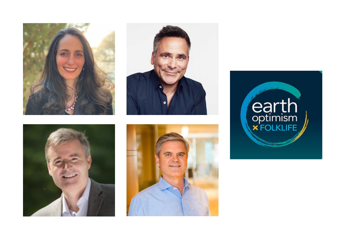 Grid of four headshots and a logo that reads "Earth Optimism."