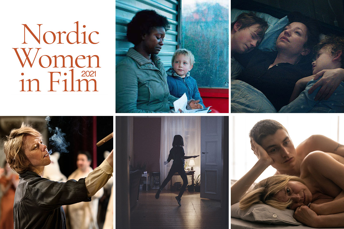 Five square film stills in a grid, along with one square that reads Nordic Women in Film 2021.