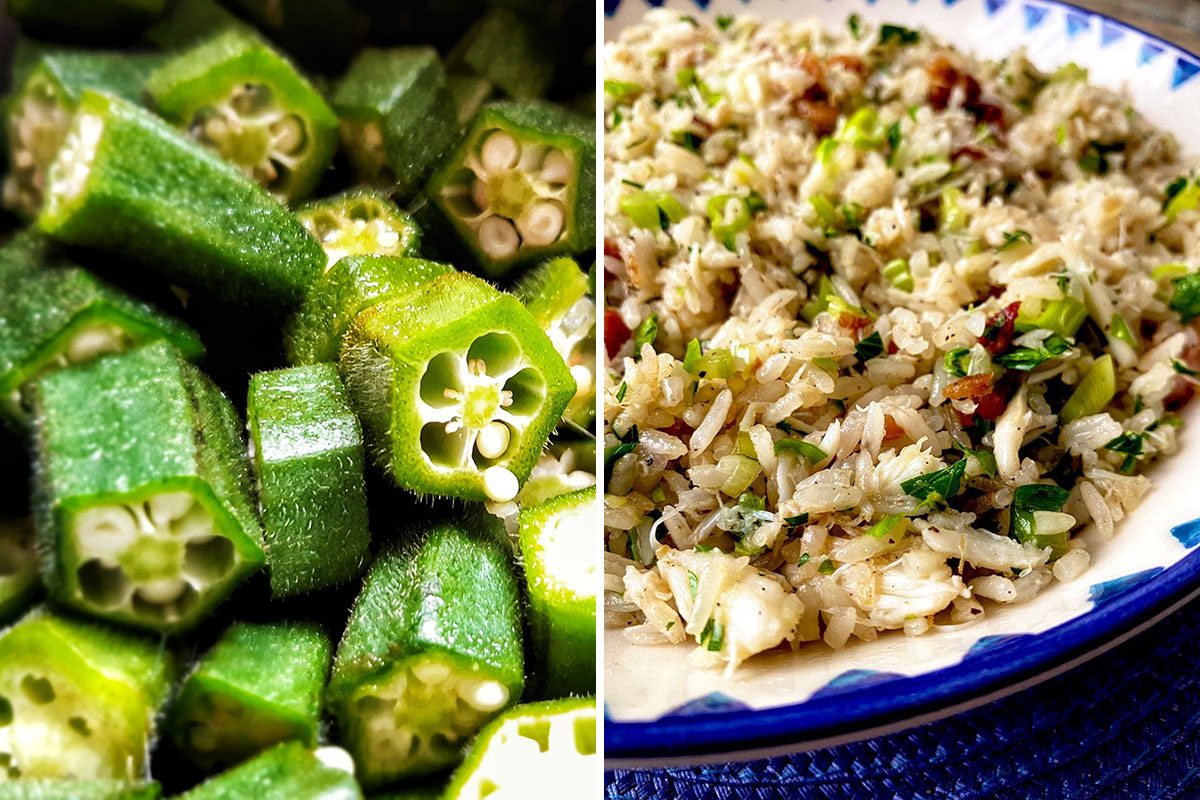 Two images side by side: chopped okra on the left, a plate of rice with greens and crab meat on the right.
