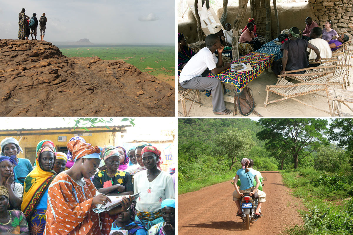Four images in a grid. From top left: small group of people on a rocky cliff, overlooking a vast green plain; a group gathered around a table in an open-air structure; two people on a motorbike riding down a red dirt road; a woman reads from a packet of material in front of other Black women in colorful dresses and headwraps.