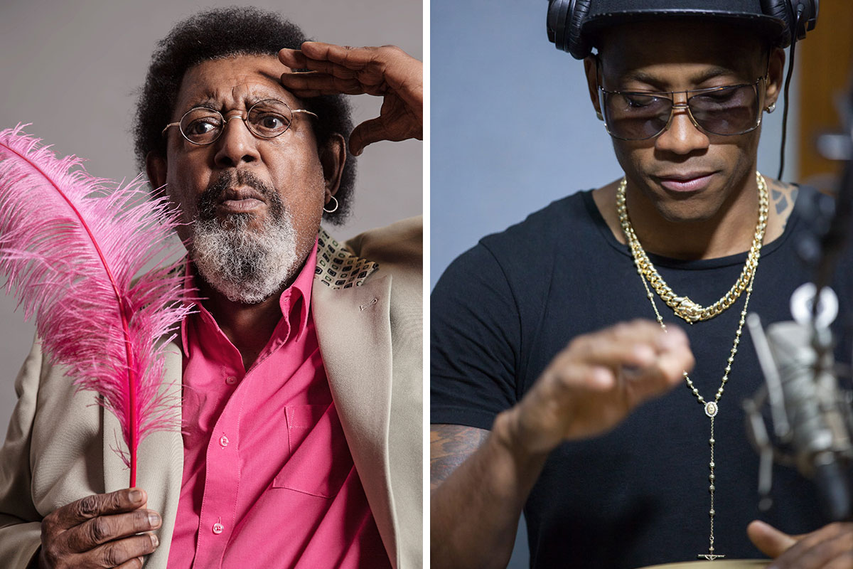 Promo photos of two Black men side by side. On the left, older Rubén salutes with one hand and holds a large pink feather in another. Under a tan sport coat, his flamingo pink dress shirt matches the feather. On the right, younger Pedrito beats with both hands on a drum, just out of frame. He wears sunglasses, gold chain necklaces, and headphones.