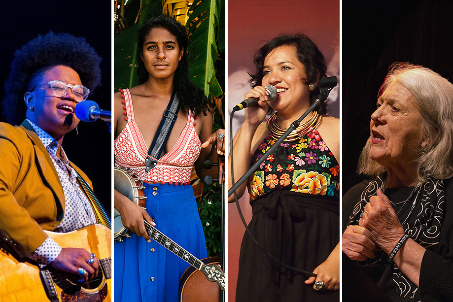 Four photos of female musicians side by side. On the left, Amythyst sings into a microphone and plays on an acoustic guitar, wearing clear-framed glasses and a yellow blazer. Leyla poses with a banjo and cello, wearing and red and white blouse and bright blue skirt. Martha sings into a microphone, with a photo of Pete Seeger on the backdrop behind her. On the right, Barbara, with a black blouse and gray hair, sings in front of a dark background.
