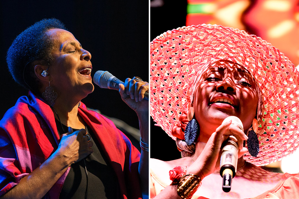 Two photos side by side of two Black women singing into microphones. On the left, Susana Baca wear a fuschia shawl and black top, in front of a black backdrop. On the right, Nidia Góngora wears a wide-brimmed pink hat, which casts a latticed shadow on her face, with matching blouse.