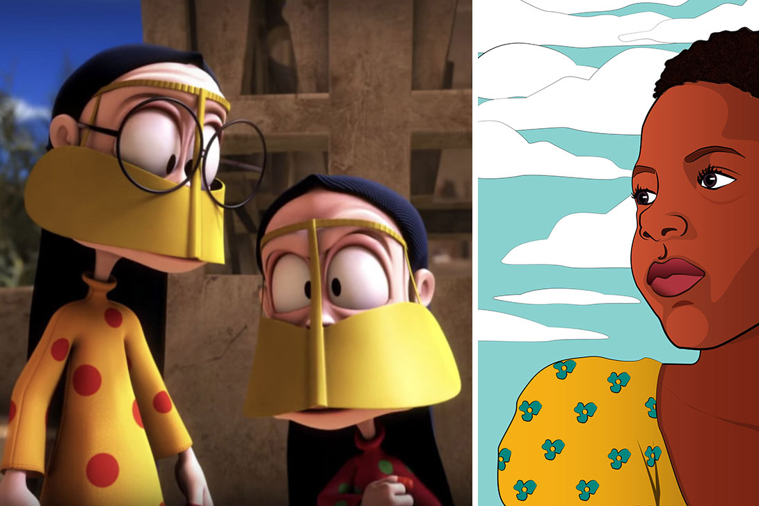 Two illustrations side by side: On the left, animated frame of two characters with long dark hair, wearing yellow masks over their noses and mouths. On the right, illustration of a Black girl in yellow blouse and blue sky with clouds.