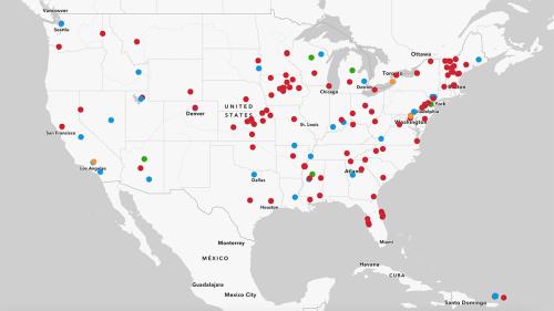 Map of the continental United States with dozens of pinpoints in red, blue, green, and orange.