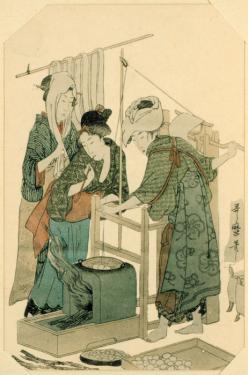In this painting (date unknown), costumed women feed mulberry leaves to silkworms.