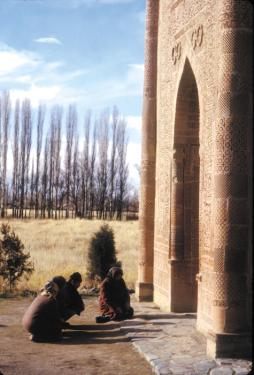 Worshipers in Talas pause at the tomb of Manas, the epic hero of the Kyrgyz people.