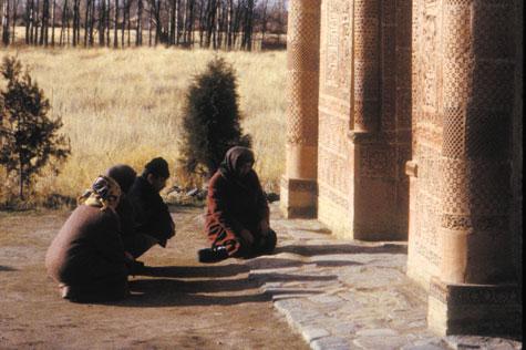 Worshipers in Talas pause at the tomb of Manas, the epic hero of the Kyrgyz people.