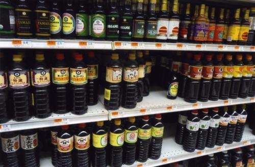 This grocery store shelf illustrates the great variety in Asian and Pacific Islander cooking styles and ingredients. All soy sauces contain fermented soybeans, water, and salt, but their flavors vary by cultural group.