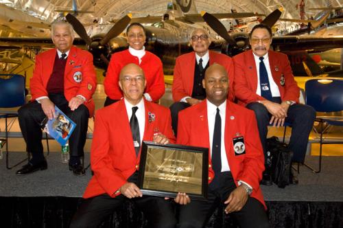 A group of African American pioneers in aviation, including Tuskegee Airmen from World War II, discuss their experiences at the Steven F. Udvar-Hazy Center's Family Day in 2008.