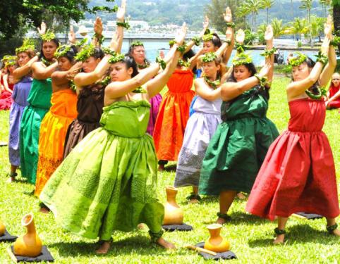 Second-semester hula students of Hawai&rsquo;i Community College&rsquo;s Hawai&rsquo;i Lifestyles Program display their learning during the annual Merrie Monarch Hula Festival held in Hilo.