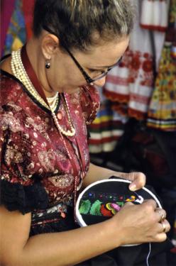  Bernadett Papp of Mező kövesd displays her skills of embroidery.