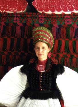 M&aacute;ria Serest&eacute;ly from Sz&eacute;k, Transylvania (Romania), wears a local traditional bridal costume and wreath for her wedding in 2010.