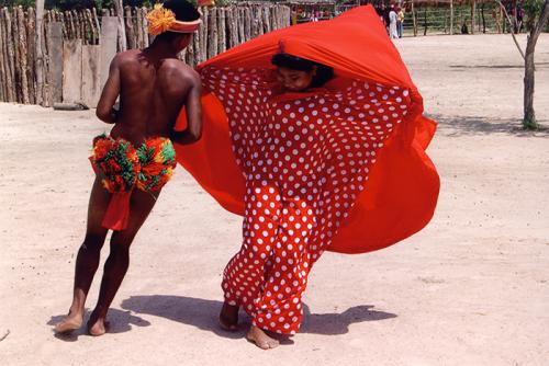 Wayuu dancers from a village in La Guajira Province in Colombia perform a traditional dance. In the Wayuu community, palabreros (orators) are experts in using words and dialogue as a peaceful way to resolve disputes.