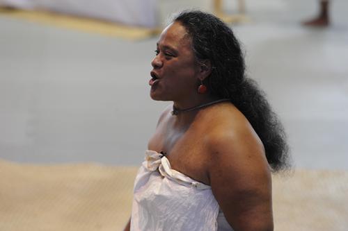 Kekuhi Keali’ikanaka’oleohaililani, a kumu hula (master hula teacher), chants a welcome to visitors from around Hawai‘i and the world at the Merrie Monarch Hula Festival in Hilo, Hawai‘i.