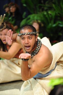 Hawaiian hula dancer Pele Ka’io offers the “Breath” as a reminder that the universe breaths, Hilo, Hawai‘i.