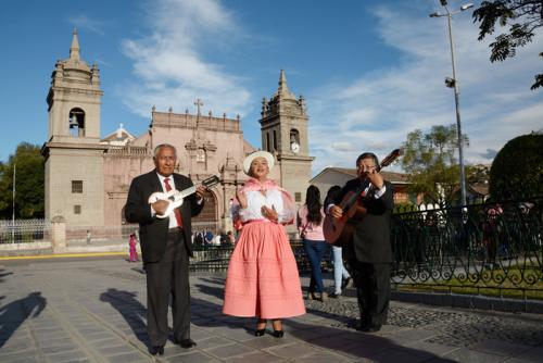 La Estudiantina Municipal de Ayacucho performs in the town of Ayacucho's main plaza.