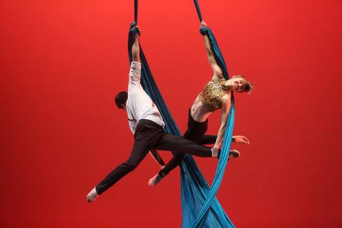 Alex Reyes and Monlana DeBor perform double aerial silks at the Atlas Performing Arts Center in Washington, D.C.