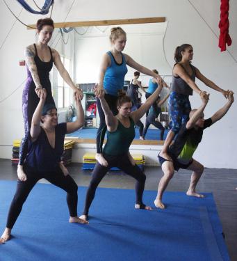 A group of acrobatics students demonstrate during Circus Skills week.