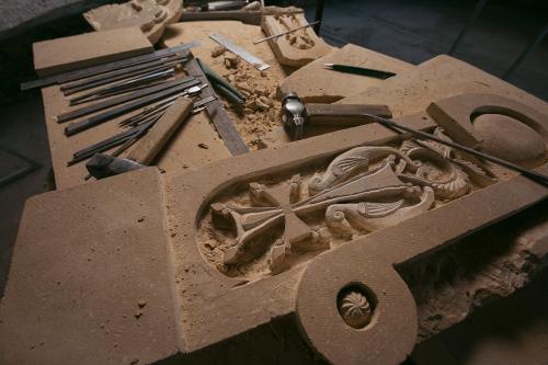 A small khachkar in progress in the Ghazaryans’ workshop outside Noravank Gorge.