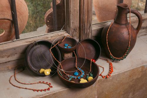 A range of products made by Hambardzumyan and Gasparyan for their collections, Sisian Ceramics and Astré Accessories.