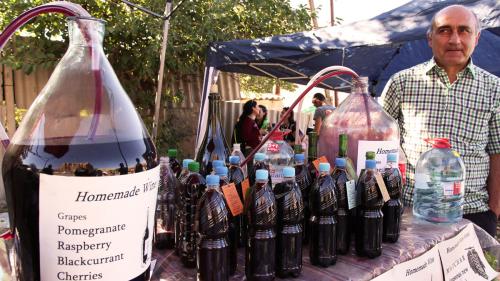Along the road in Vayots Dzor, vendors sell homemade wines in recycled bottles.