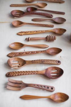 A collection of kitchen utensils carved by Armen Ohanyan.