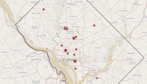 Map of DC showing user-submitted images and recordings with red star markers.