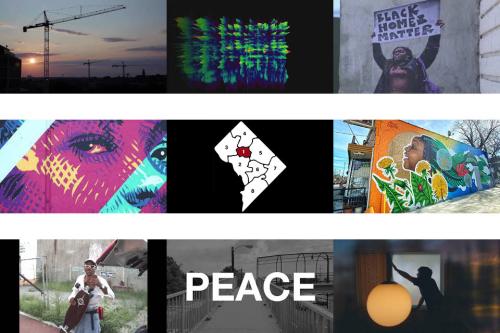 Eight screen shots from the Wardscapes videos, showing street scenes and mural around D.C. In the center is an illustrated map of D.C. showing the ward boundaries; Ward 1 highlighted in red.