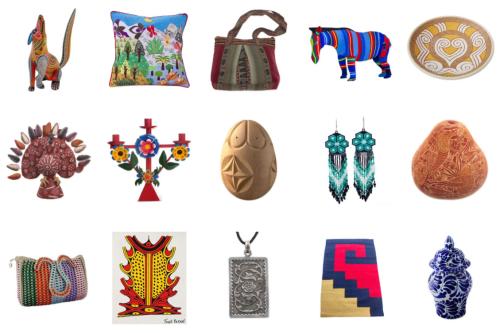 Grid of 15 craft products, including a woven purse, animal sculptures, embroidered pillowcase, and more.