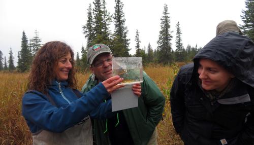 A woman holds up a plastic container holding small fish, as two other examine it in awe. Meadow and pine trees in the background.