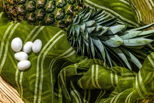 A green silt textile, arranged underneath a pineapple and five white silkworm coccoons. 