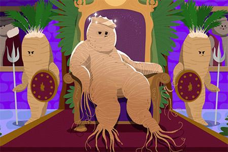 Illustration with ginseng creature on a throne and another standing guard.