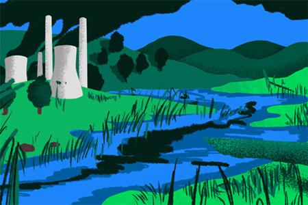 Illustration of a blue river, polluted with black streaks, along green banks and a factory spewing black smoke.