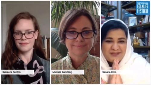 Three women smiling in a virtual meeting.