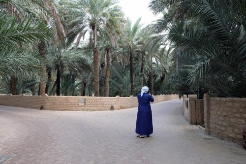 A person in a dress and hijab walks through paved walkways among dense palm trees.