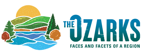 Graphic logo for The Ozarks: Faces and Facets of a Region. Block-print-style illustration of a yellow sun behind green hills and blue water.