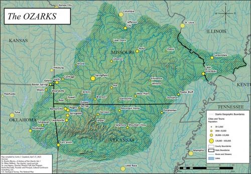 Map of the Ozarks region with cities and towns indicated by yellow dots. Springfield is the largest dot (and city).
